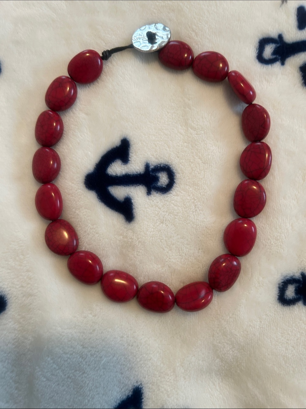 Chaps Red Beaded Necklace with Silver Button Accent